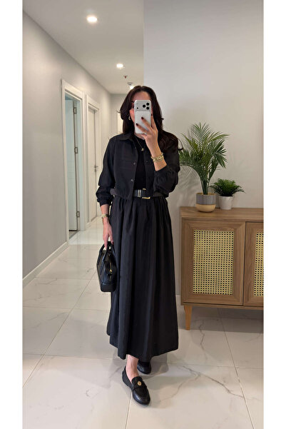 BİRCANÇİL زيوست بلاك فستان قميصي مجموعة من حزام قطع