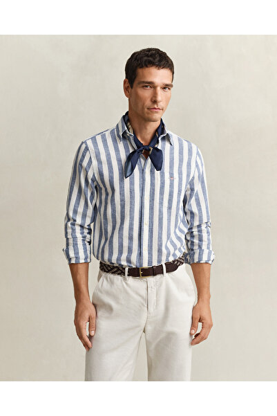 Gant Erkek Mavi Regular Fit Çizgili Logolu Gömlek