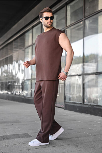 Madmext Bitter Brown Sleeveless Men's T-Shirt Tracksuit Set E7354