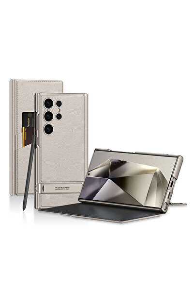 Paladyum Case غطاء دروجا رمادي اللون متوافق مع هاتف سامسونج جالاكسي S24 ألترا...