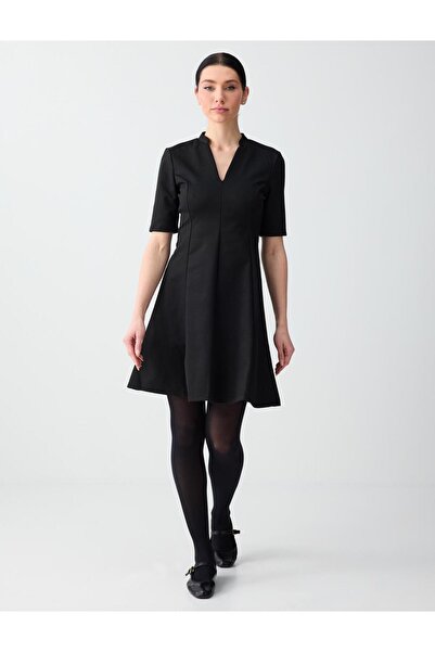 Jimmy Key Siyah Hakim Yaka Dirsek Kol Dar Kesim Örme Mini Elbise
