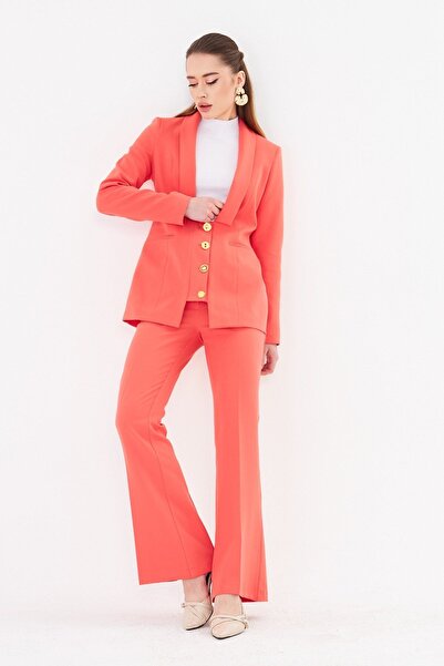 LOVELF 4 Farklı Gold Düğmeli Şal Yaka Takım Nar Çiçeği