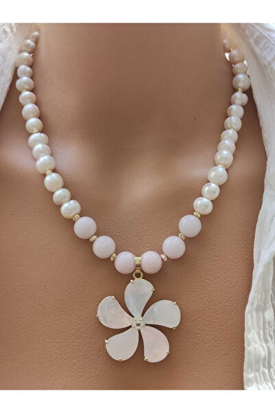 elinasaccessories Gerçek inci pembe kuvars kolye papatya designer kolye el ya...