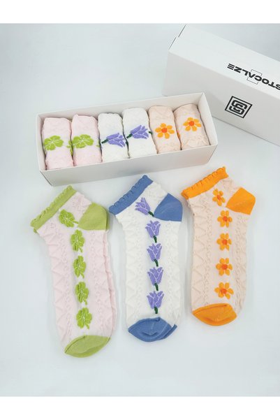 STOCALZE Set of 6 Women's Summer Booties Socks. Kabartma Floral Print , Breathable, Soft Women's Socks