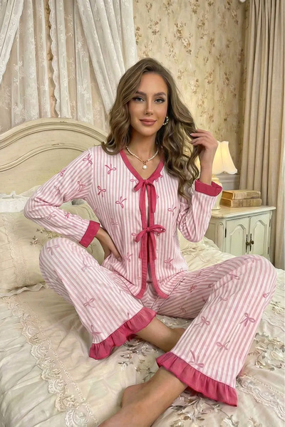 BELLA NOTTE Transitional Long Sleeve Bow Printed Long Pajama Set