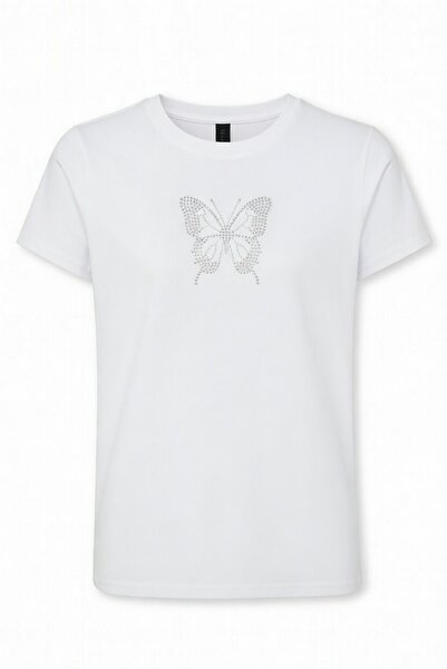 Gofeel Unisex Oversize kroj beli leptir sa sjajem Sa kamenčićima T-shirt