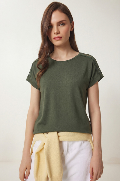 Lovelyİstanbul Guipure Detailed Viscose T-Shirt Lrn0006 Haki̇