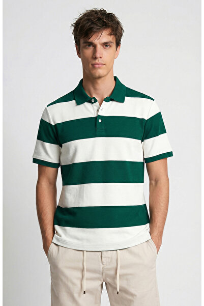 Network Yeşil Ekru Çizgili Polo T-Shirt