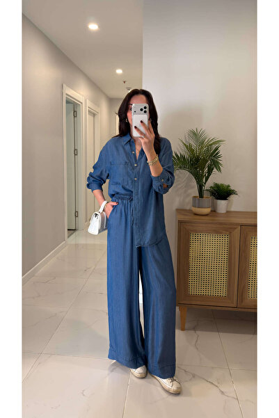 BİRCANÇİL Winila Blue Soft-Textured Shirt and Pants Set