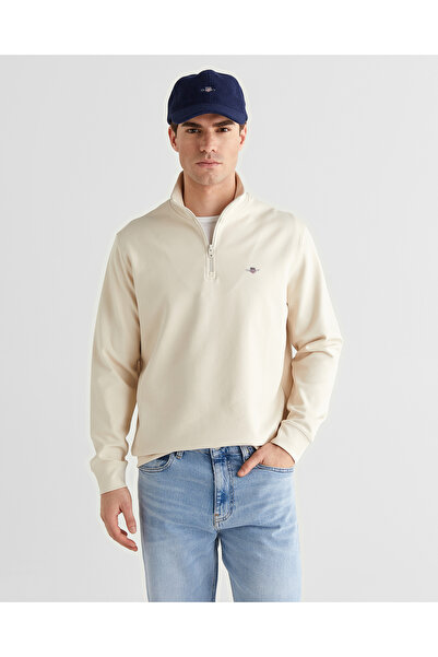 Gant Erkek Bej Relaxed Fit Yarım Fermuarlı Logolu Sweatshirt