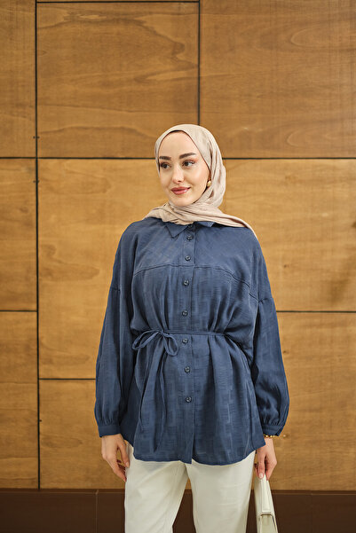 LOCCO Women's Geometric Square Pattern Jacquard Shirt Blue