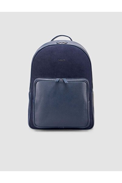Cabani Navy Blue Genuine Leather Men's Backpack (Front Pocketed , with Zipper)