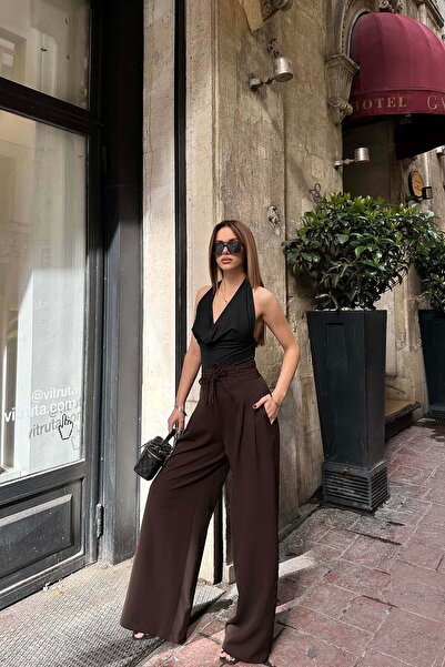 MyLoore Curea maro pentru femei talie înaltă wide-leg pantaloni palazzo MLB145