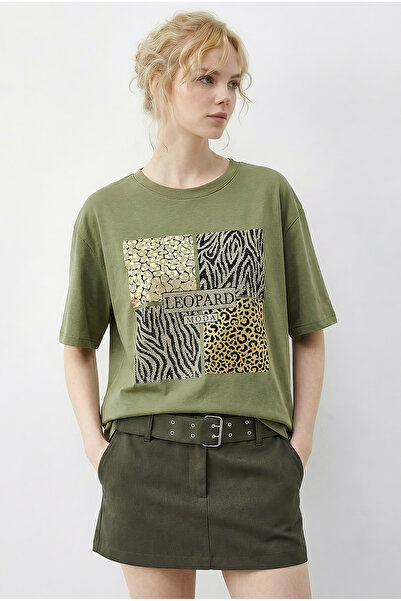 Bianco Lucci Women's Stone Detailed Leopard Print Crew Neck Comfortable Fit T...