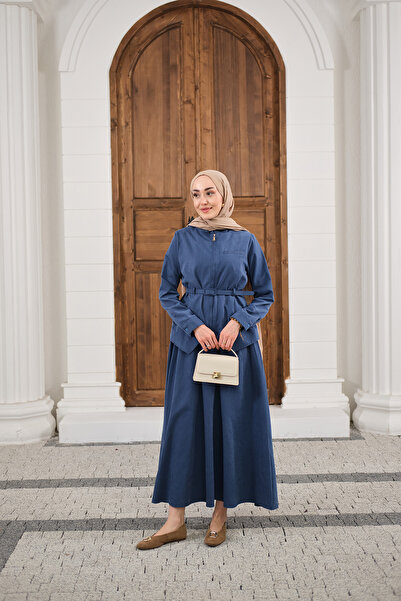 LOCCO Women's Pocket Detail Zippered Belt Tie-Detail Skirt Suit Indigo Blue