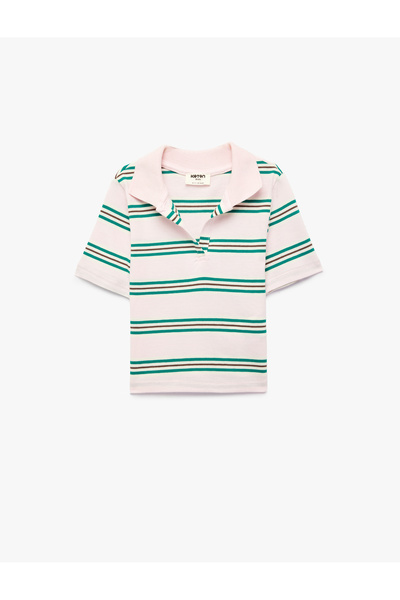 Koton Cotton Pieces of Slim Fit Short Sleeve Cropped Polo Neck Striped T-Shirt