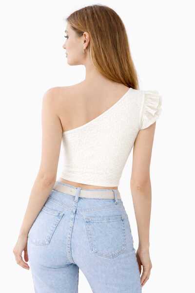 CASUALSTYLE ذراع واحد مكشكش قصة ضيقة مرن ذو ملمس بارز بقصة قصيرة