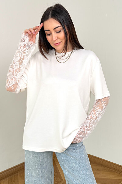 Cappmoda BLZ-06295 Beyaz Dantel Kollu Pamuklu Basic Bluz