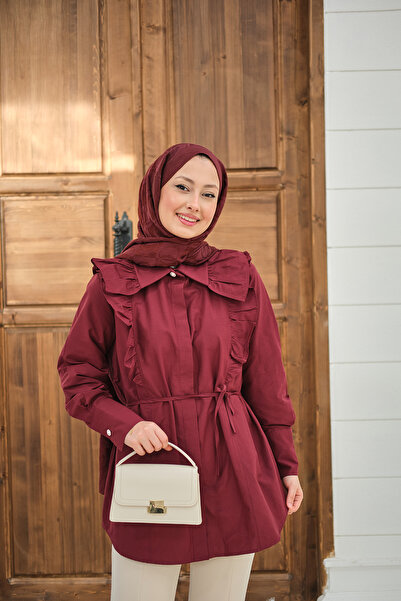 LOCCO Cămașă de damă cu guler cu încrețituri talie cu detaliu cu șnur poplin ...