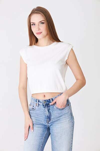Sortie Tricou de damă cu epoleți și mâneci scurte modal crop Ecru