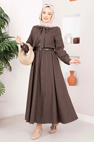 EBRUTESETTÜR تفاصيل فيونكة طقم دينم تينسل مزدوج باللون البني