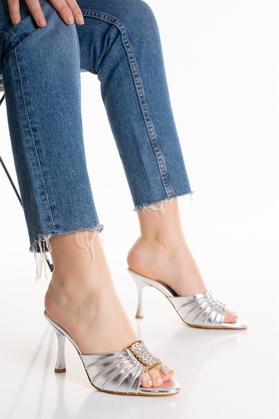 DYG STORE Silver Women's Evening Dress Slippers with Stone-Backed Buckle