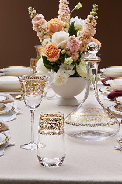 Karaca Royal Bone Victoria 25 Parça Bardak Kadeh ve Karaf Seti Gold