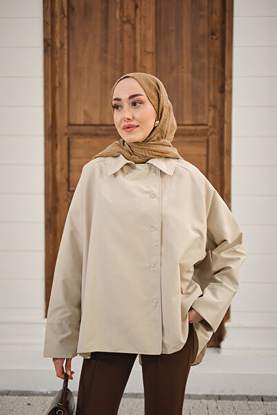 LOCCO Women's Shirt Collar Buttoned Slim Short Trench Coat Stone