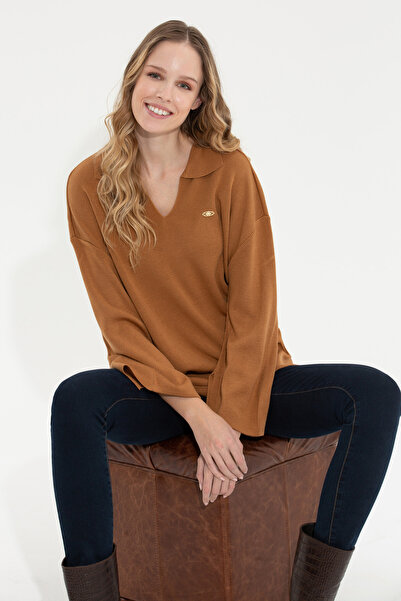 U.S. Polo Assn. Women's Camel Melange V-Neck Sweater 50259655-Vr122