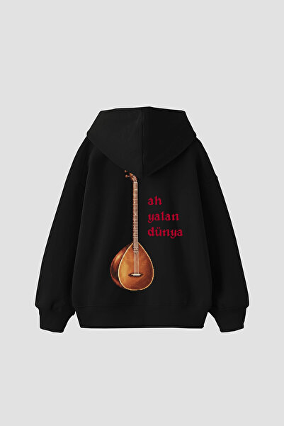 Sekizbiraltı Ah Yalan Dünya Printed Oversized Unisex Black Hoodie