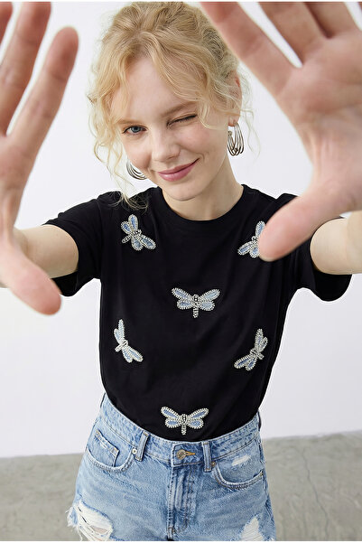 Bianco Lucci Γυναικείο μπλουζάκι με χάντρες και πέτρες Dragonfly D Με σχέδιο ...