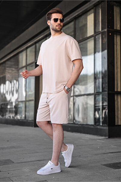Madmext Beige Tencel Fabric Men's Shorts T-Shirt Set E7349