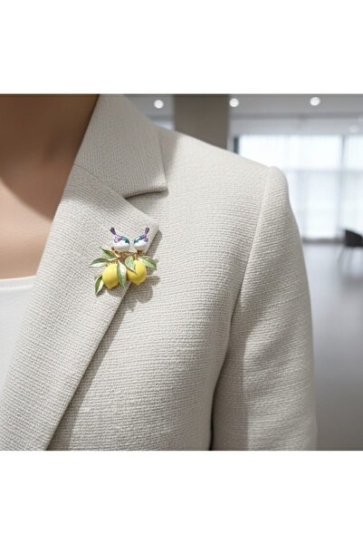Daily Bazaar Limon Dalında Kuşlar Figürlü Emaye Ceket Broşu