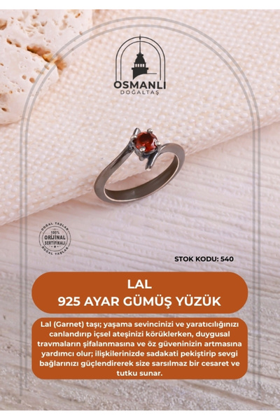 OSMANLI DOĞAL TAŞ Sertifikalı Lal 925 Ayar Gümüş Yüzük (SK:540)
