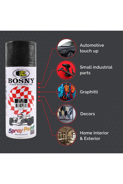 Bosny بخاخ طلاء رقم 39 أسود متعدد الأسطح سريع الجفاف شديد اللمعان للاستخدام على الخشب والمعادن والجدران