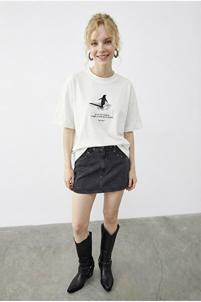 Bianco Lucci Woman but Why? Penguin Printed Oversized Cotton Lu T-Shirt Öt261...