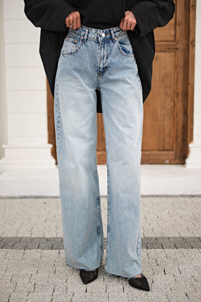 LOCCO Pantaloni de damă cu tăietură la picior, albastru gheață