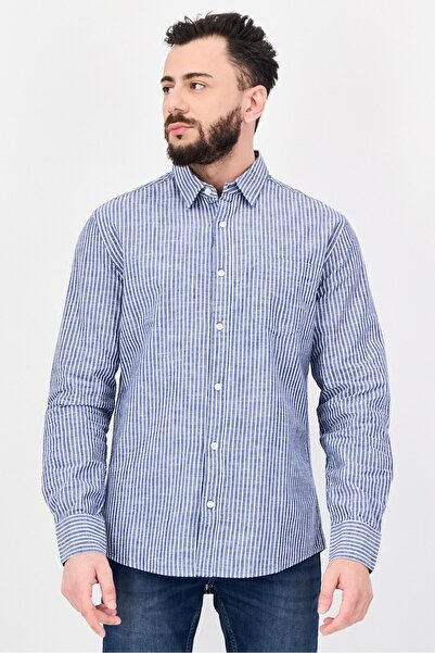 Nautica قميص جينز رجالي مخطط بأكمام طويلة، بقصة عادية، لون أزرق