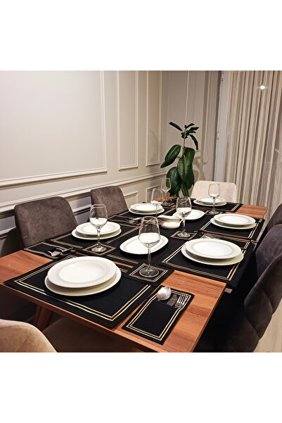 MISSFLORA Siyah Gold Köşe Nakışlı Yemek Sunum Seti - 6 Kişilik - 19 parça