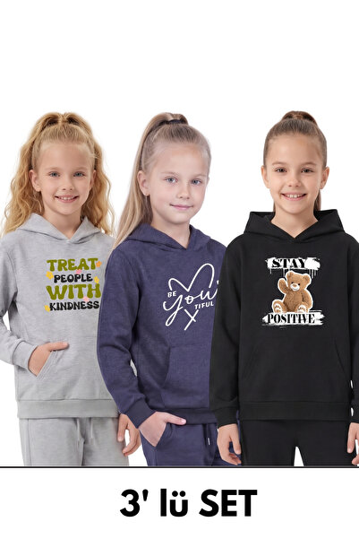 FYK COLLECTİON 3'lü cu glugă și Kanguru cu detaliu la buzunar cu imprimeu Han...