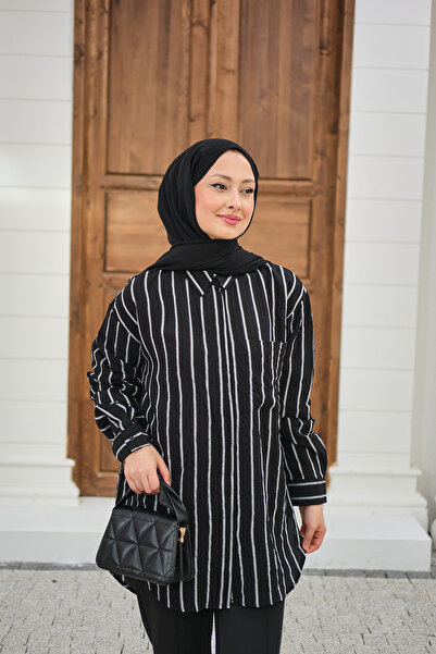 LOCCO Ženska debela košulja sa detaljima Prugasto crna