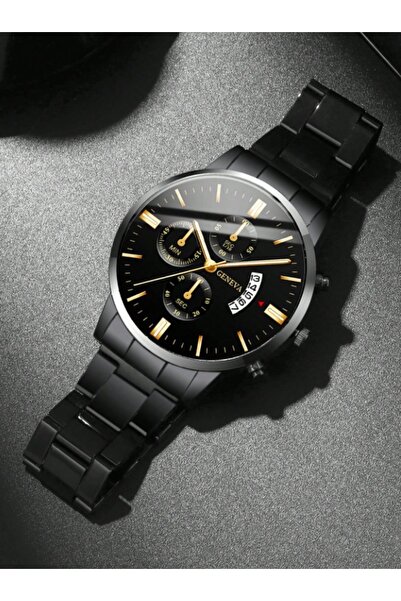 Geneva Men's Elegant Gold Quartz Watch with Metal Bracelet Business Style