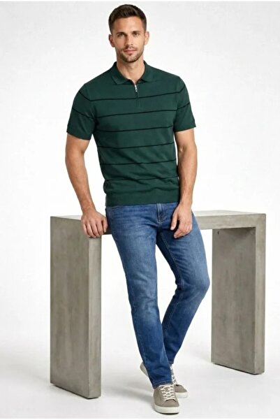 civetta تي شيرت رجالي مخطط تريكو منسوج قماش بولو ياقة نصف سحابي بقصة عادية - ...