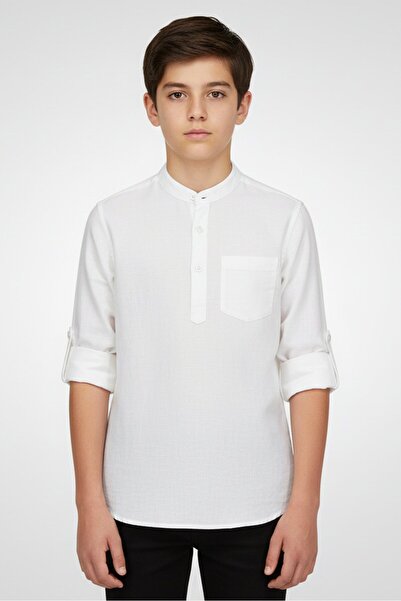 Nautica قميص جينز أبيض سادة بأكمام طويلة للأولاد