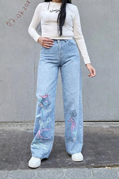 Swana Women's Printed Baggy Jean Pants - Ice Blue