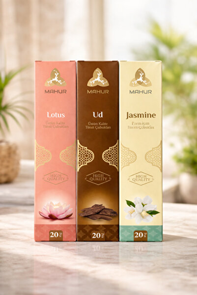 MAHUR 3’lü Premium Tütsü Seti – Lotus, Ud (Oud), Jasmine 20’li Çubuk Tütsü (6...