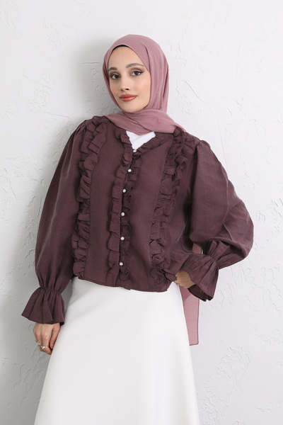 Salih Çelebi Striped Ruffled Buttoned Shirt Y0096 - Mürdüm