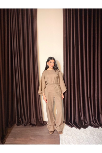 LOISY Women's Oversized Kimono Sleeve Tie-Detail Blouse & Wide-Leg Pants Set