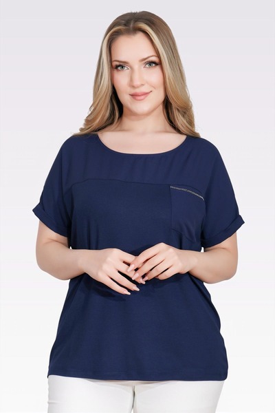TOLGA SARAÇOĞLU 10852 Dark Blue Comfortable Cut Bluz with Stone Details