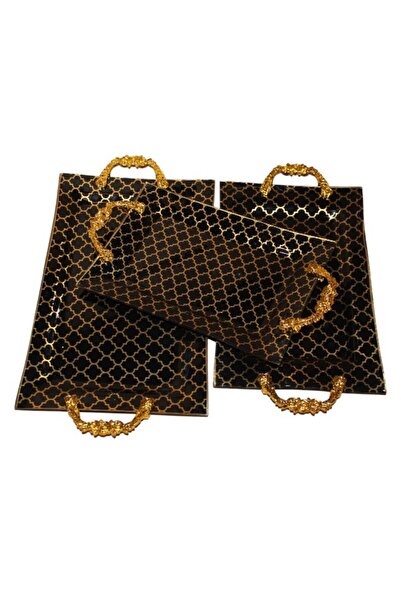 WDA طقم صواني تقديم مزخرفة باللونين الأسود والذهبي - 3 قطع، صينية أنيقة للقهو...